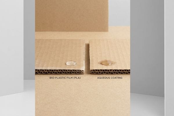 Corrugated cardboard samples demonstrate water interaction: Bio-Plastic Film (Pla) repels a clear droplet, while Aqueous Coating shows an absorbed stain.