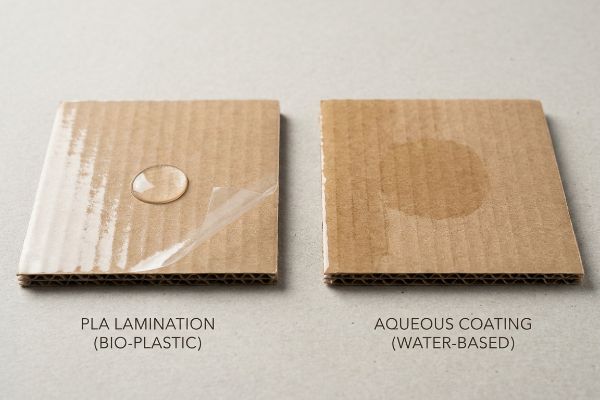Pla Lamination (Bio-Plastic) on corrugated board repels a water droplet, contrasting with absorbed water on Aqueous Coating (Water-Based).