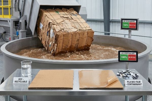 Baled OCC cardboard entering a repulping vat, contrasting 'OCC - Recyclable' cardboard with 'PLA Bio-Film - Contaminant' samples, both showing 'Mill Acceptance Rate: 100% Rejected'.