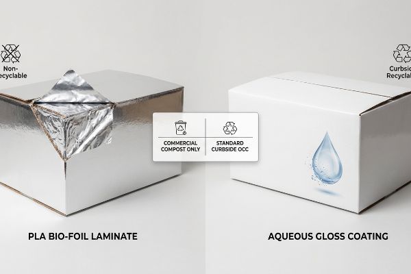 Shiny Pla Bio-Foil Laminate box, marked Non-Recyclable and Commercial Compost Only, compared with a white Aqueous Gloss Coating box, marked Curbside Recyclable and Standard Curbside Occ.