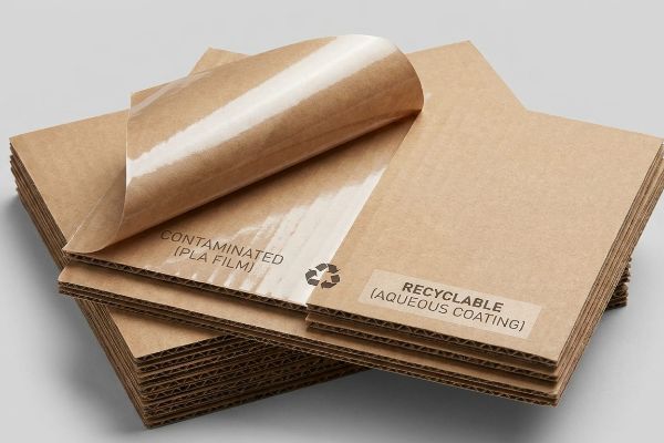 Las láminas de cartón ondulado ilustran opciones para envases ecológicos, tanto contaminados (con película de PLA) como reciclables (con recubrimiento acuoso).