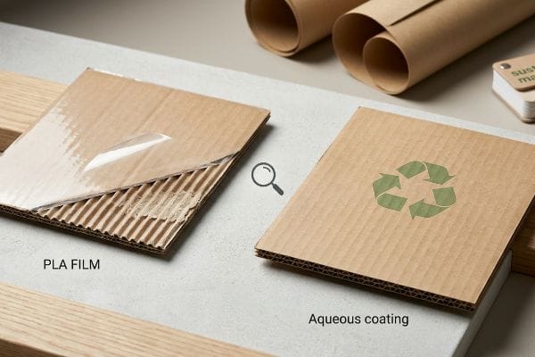 A corrugated cardboard piece with peeling Pla Film next to another with a recycling symbol and Aqueous Coating.