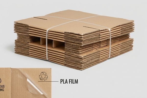 Flat-packed corrugated cardboard display components tied with white straps, featuring an inset detail of a corner with