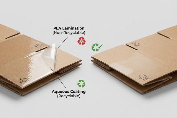Two unfolded FSC cardboard pieces comparing Pla Lamination (Non-Recyclable) with Aqueous Coating (Recyclable), showing red and green recycling symbols.