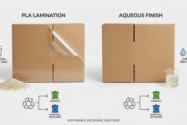 Cardboard boxes with Pla Lamination and Aqueous Finish, contrasting their recycling for commercial compost or municipal repulping.
