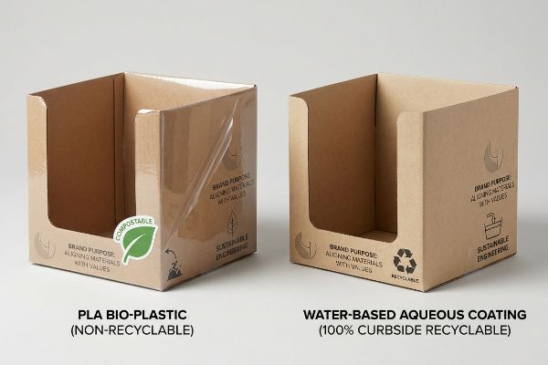 Présentoir en plastique bioplastique (non recyclable) contre boîte à revêtement aqueux 100 % recyclable en bordure de trottoir.