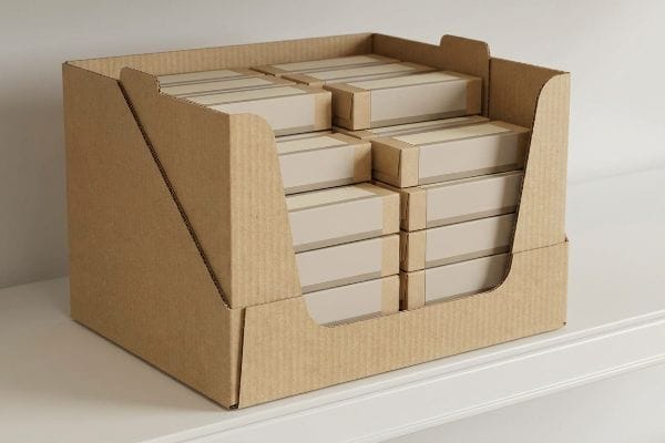 This retail merchandising setting features a corrugated cardboard PDQ display unit filled with plain light brown boxes.