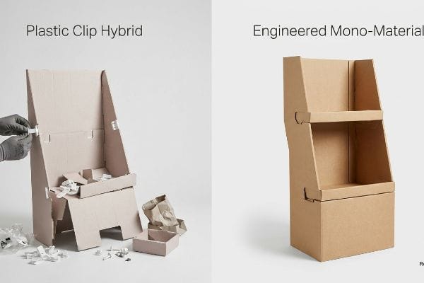 Light brown cardboard display assembly using white Plastic Clip Hybrid fasteners, contrasted with a fully assembled Engineered Mono-Material corrugated stand.