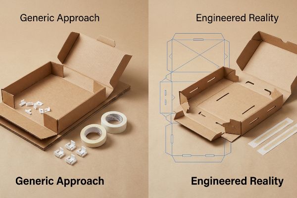 Comparison of Generic Approach cardboard packaging with separate white plastic clips and masking tape versus Engineered Reality with integrated Origami paper locks and a blue CAD dieline overlay.