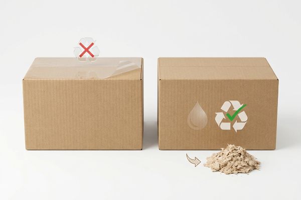 Corrugated boxes contrast non-recyclable plastic film with recyclable aqueous coating, showing repulping success.