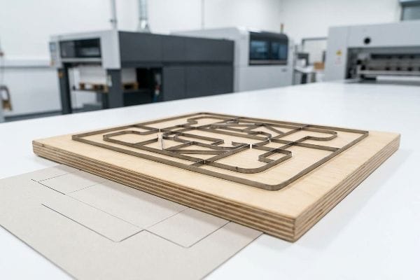 Plywood die board with custom steel rule blades for die cutting, next to pre-creased packaging material.
