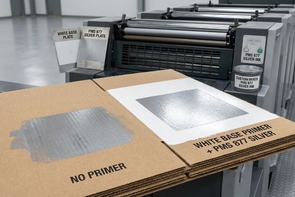 Corrugated samples show dull 'No Primer' PMS 877 Silver versus bright 'White Base Primer + Pms 877 Silver'. Printing plates and 'Custom Mixed Pms 877 Silver Ink' are on the press.