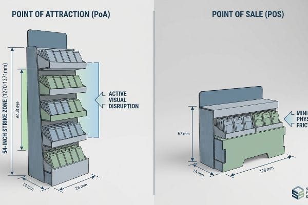 A retail display diagram illustrates Point Of Attraction (PoA) with a 54-Inch Strike Zone (1270-1371mm) for Active Visual Disruption, contrasted with a Point Of Sale (POS) unit designed for Minimal Physical Friction.