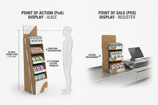 Corrugated PoA and POS retail displays demonstrate the 54-inch strike zone, 15-degree tilt for visibility, and lateral engagement.