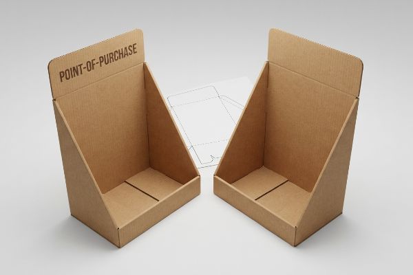 Two empty corrugated cardboard Point-Of-Purchase display boxes, with a die-cut template visible between them.