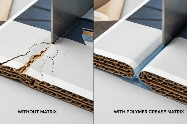 Double-wall corrugated board, 7mm thick, displays fluted layers, a clean fold, and a diagram showing Polymer Crease Channel with Steel Rule Die.