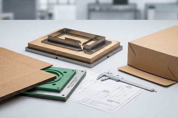A steel rule die, a green Female Matrix Creasing Plate with a 0.11 Inch (2.79 Mm) Profile, a caliper, and corrugated board for custom packaging production.