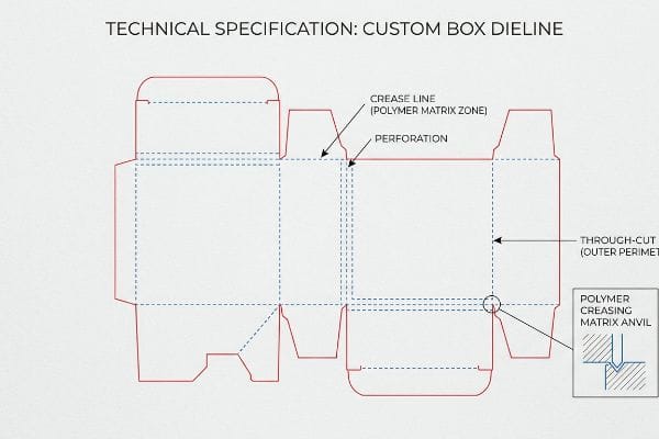 A detailed custom box dieline technical specification shows through-cut, crease line, perforation, and polymer creasing matrix anvil.