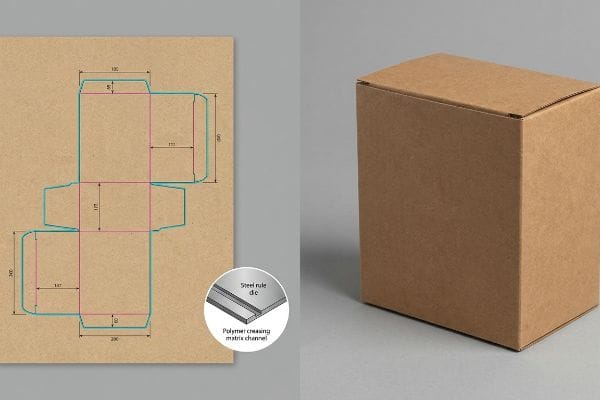 Brown cardboard folding carton die-cut template with dimensions and a Polymer Creasing Matrix Channel detail, contrasted with an assembled box.