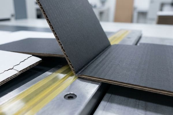Dark corrugated board with visible flutes undergoing a flawless fold on a polymer creasing matrix, preventing litho-cracking for premium packaging.