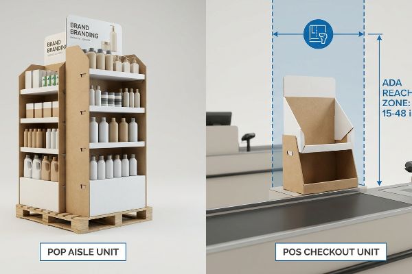 Cardboard POP aisle unit on a wooden pallet, featuring multiple shelves filled with various cosmetic products and 'Brand Branding' signage.