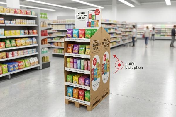 Corrugated cardboard Special Promotion Pop Box display in a supermarket aisle, filled with snack bags, features a 'traffic disruption' graphic.