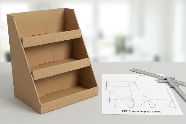 Natural brown cardboard POP counter display, three-tiered, shown with its dieline, a ruler, and a caliper for precise measurement.