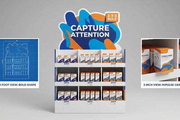 Présentoir de vente au détail avec en-tête « Capturez l’attention », « Règle 3-3-3 », plan « Vue de 30 pieds », produit « Vue de 3 pouces ».