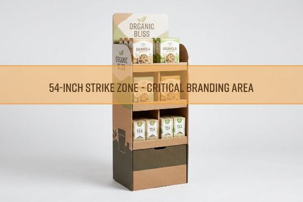 Cardboard POP display with Organic Bliss granola and tea boxes, highlighting the 54-Inch Strike Zone - Critical Branding Area.