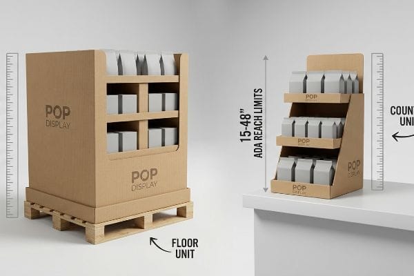 Corrugated Pop Display floor unit on a pallet and a counter unit, showing 15-48 inch ADA Reach Limits.