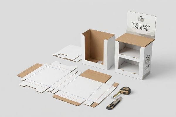 Assembly of a Retail Pop Solution cardboard POP display, featuring flat dieline templates, partially built box, and finished two-shelf unit with tools.