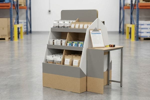 Kraft cardboard POP display with product packaging, a clipboard showing 'What Template Public?', and a measuring tape, emphasizing retail compliance.