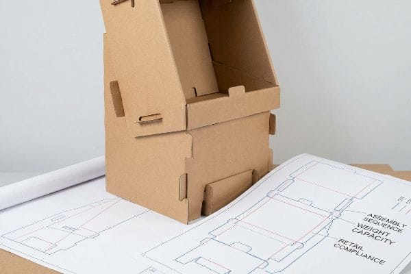 A brown corrugated cardboard POP display stands beside technical blueprints, outlining Assembly Sequence, Weight Capacity, and Retail Compliance.