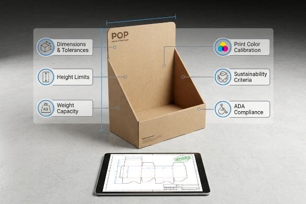 Brown cardboard POP display unit highlighting Dimensions & Tolerances, Height Limits, Weight Capacity, Print Color Calibration, Sustainability Criteria, and ADA Compliance, with a tablet showing a dieline.