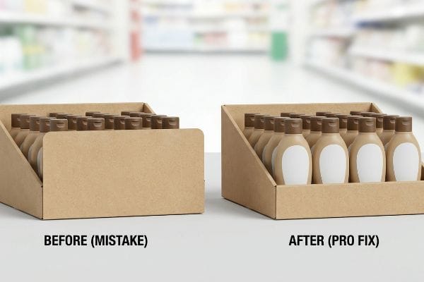 Kraft paper POP display comparison: Before (Mistake) hides brown bottles, After (Pro Fix) shows 85% product visibility with lower lip.