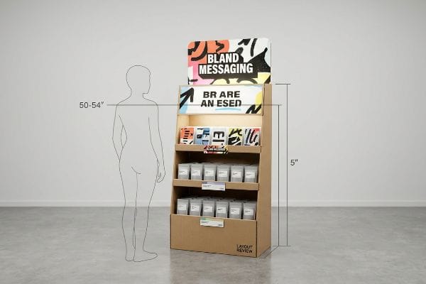 Cardboard point-of-purchase display featuring 'Bland Messaging' header and 'Br Are An Esed' sign, highlighting the 50-54 inch human strike zone.