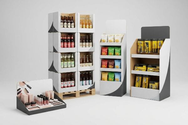 White and grey corrugated retail displays feature a fractional pallet merchandiser with beverages, floor stands for snacks and tools, and a cosmetic counter unit.