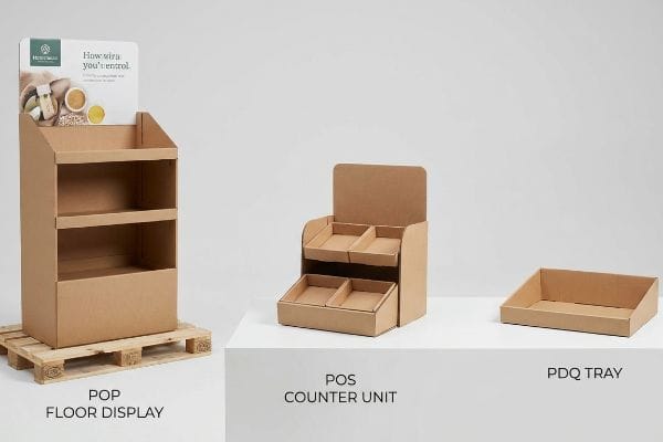 Natural brown corrugated cardboard POP floor display on a wooden pallet, featuring a header card with 'How extra you'll enrol' text and product images.
