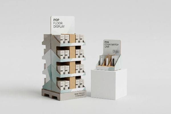 Multi-tiered Pop Floor Display and Pos Countertop Unit, both cardboard, with the floor unit labeled Gma Pallet Compliant.