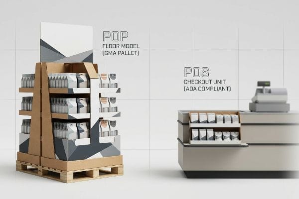 Maquete de chão em papelão (palete GMA) e terminal de caixa (acessível para pessoas com deficiência) exibindo produtos embalados.