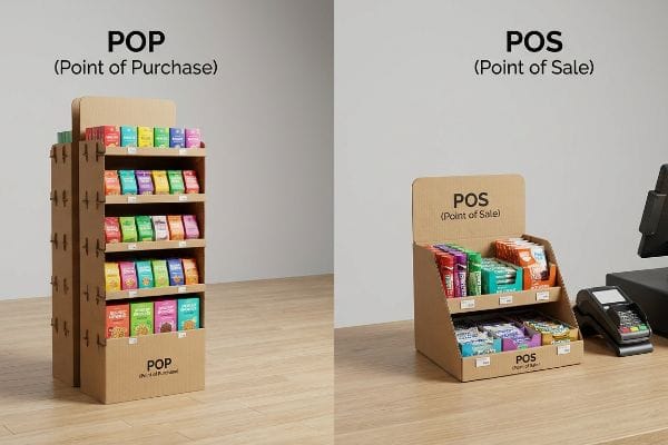 Comparing POP floor display and POS counter display, both cardboard and stocked with colorful retail products.