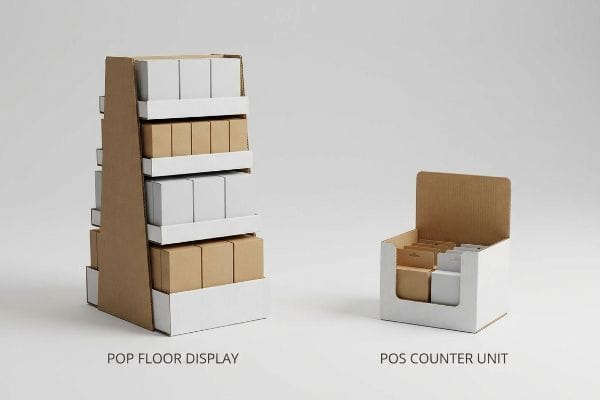 Corrugated cardboard POP Floor Display and POS Counter Unit, featuring white and natural brown boxes.