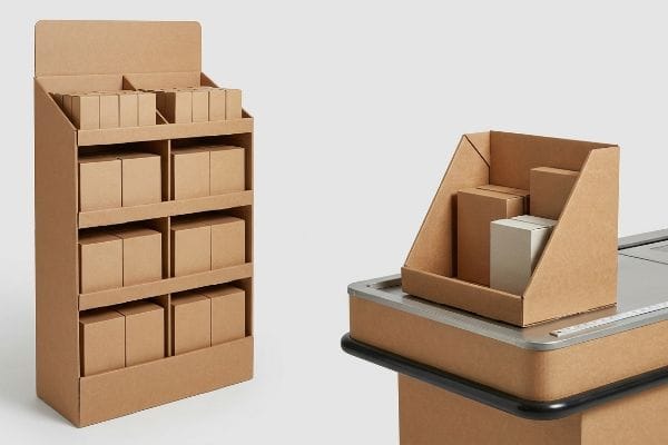 Brown corrugated cardboard POP floor display and POS counter unit, both filled with small, plain product boxes, on a light grey background.