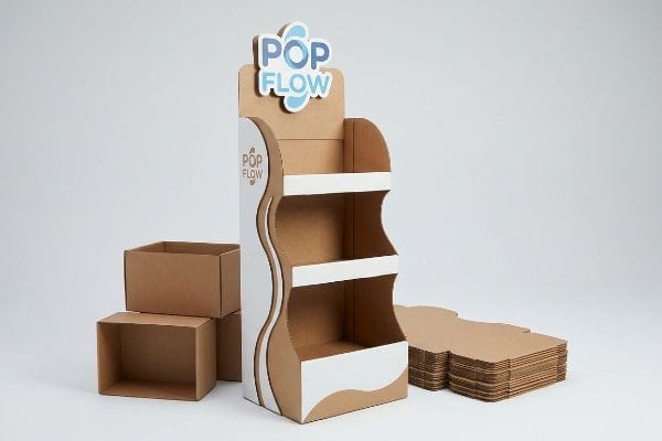 Virgin kraft board Pop Flow POP display with curvy die-cut side panels, white accents, and unassembled corrugated pieces.