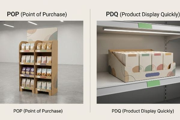 A split image illustrates the contrast between a large Point of Purchase (POP) floor display and a compact Product Display Quickly (PDQ) shelf unit.
