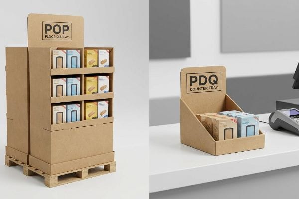 Display de chão em papelão ondulado Kraft sobre palete e bandeja de balcão PDQ com caixas de produtos, ilustrando merchandising no varejo.