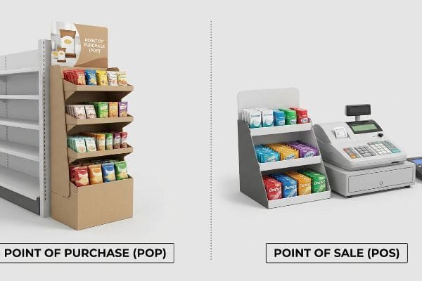 Comparação visual de um expositor de papelão para Ponto de Venda (PDV) em um corredor de loja e um expositor compacto para Ponto de Compra (PCC) com caixa registradora.