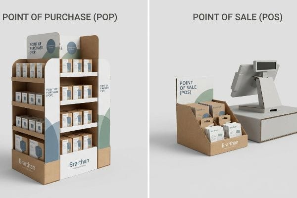 Brarthan Point of Purchase (POP) floor display and Point of Sale (POS) counter display with cash register.
