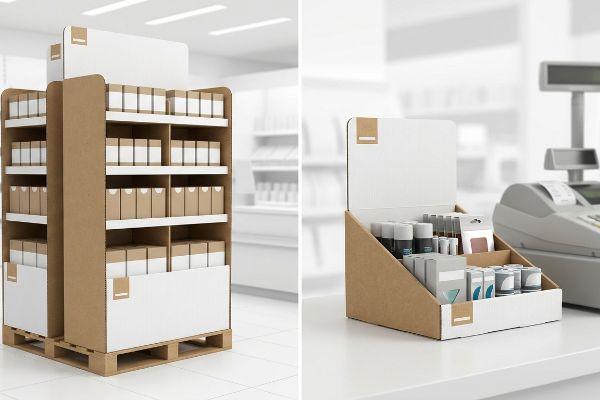 Corrugated cardboard POP floor display on a pallet with white panels and brown boxes, alongside a POS countertop unit with various products near a cash register.