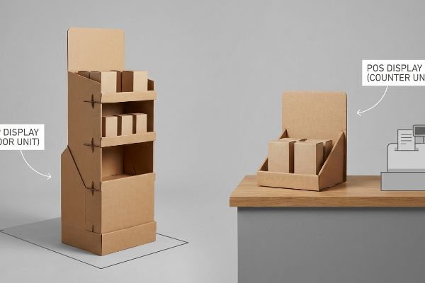 Natural brown cardboard POP Display (Floor Unit) and POS Display (Counter Unit) illustrating distinct retail merchandising solutions.